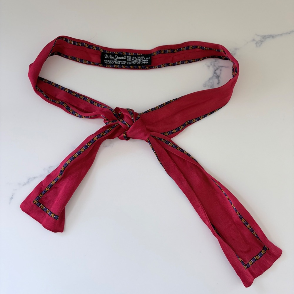 80s Vicky Davis for Vera Silk Scarf Tie Sash red Geometric Border Japan
